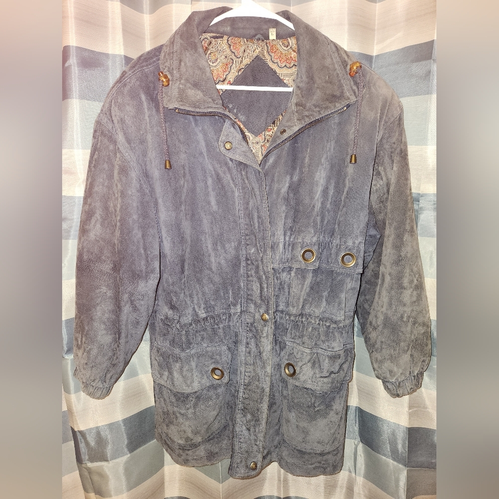L Preston & York Genuine Leather Blue Suede Coat,Boho Floral Lining,Y2K,Designer